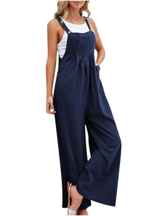 Pants - 🪷Women's Navy Blue Jumpsuit Boho Wide Leg Overalls Loose Fit 100% Cotton M